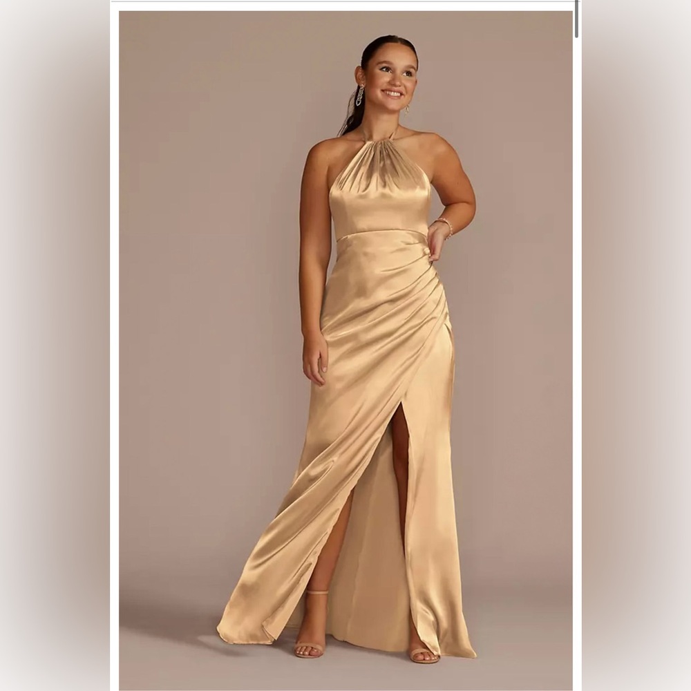 Elegant Gold Halter Neck Dress David’s bridal bridesmaid NWT size 18 in GOLDEN